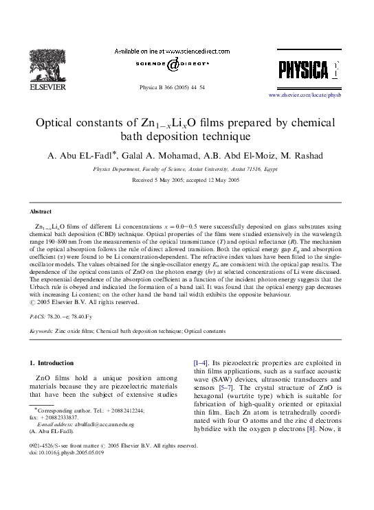 (PDF) Optical constants of Zn 1Àx Li x O films prepared by chemical ...