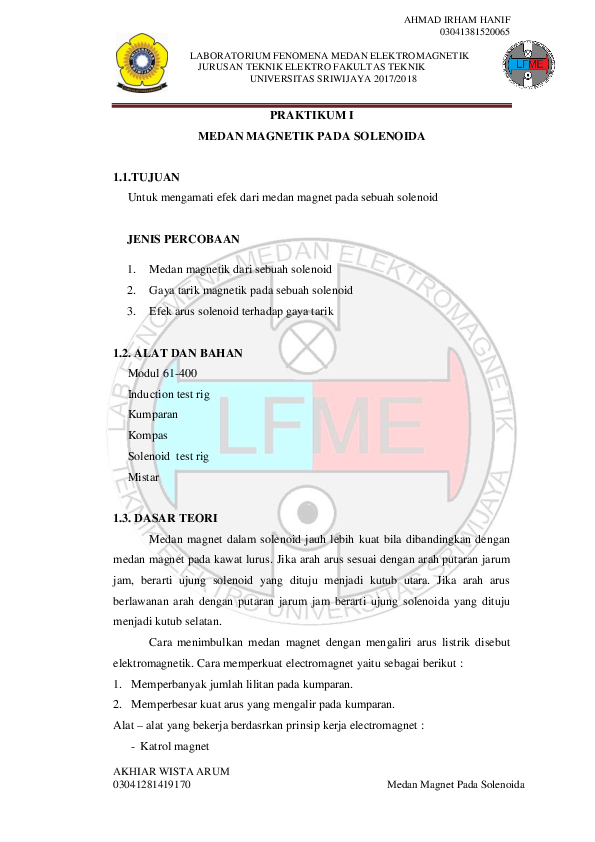Doc Praktikum I Medan Magnetik Pada Solenoida Electrical Engineering Academia Edu