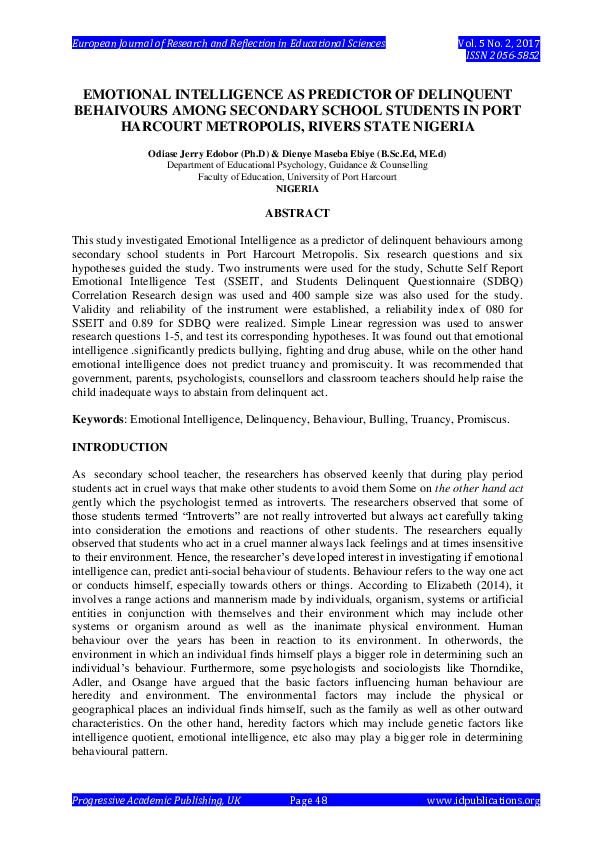 (PDF) EMOTIONAL INTELLIGENCE AS PREDICTOR OF DELINQUENT BEHAIVOURS ...