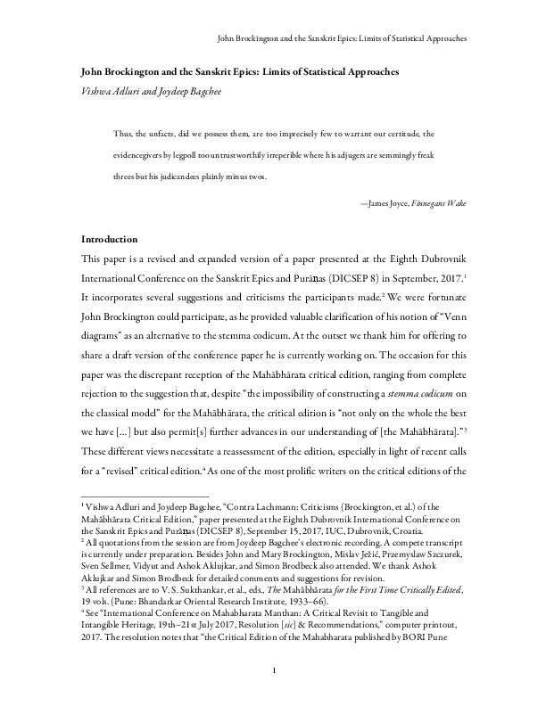 First page of “John Brockington and the Sanskrit Epics”