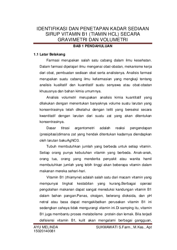Doc Laporan Praktikum Analis Farmasi Tiamin Hcl Ayu Melinda Academia Edu