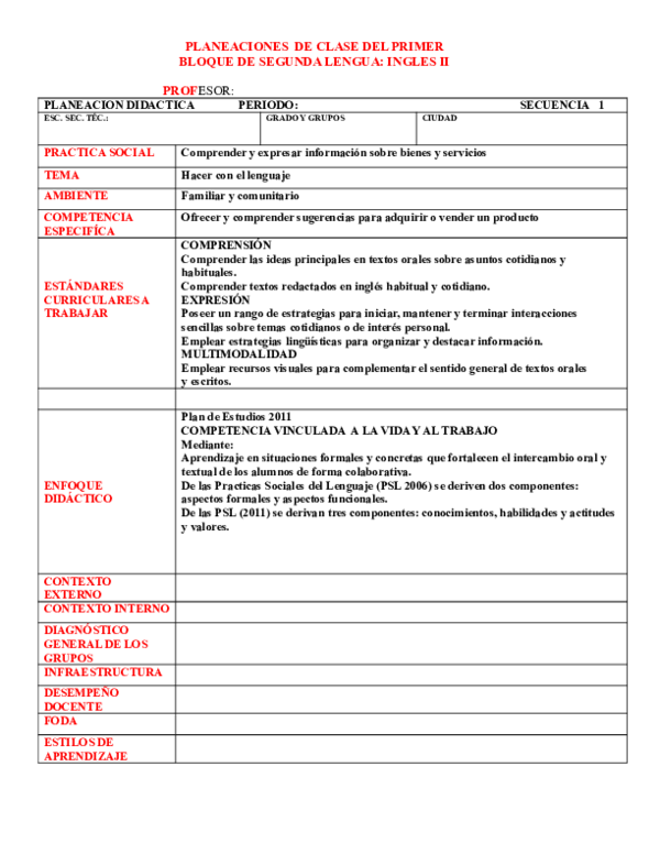 (DOC) PLANEACIONES DE CLASE DEL PRIMER BLOQUE DE SEGUNDA LENGUA INGLES