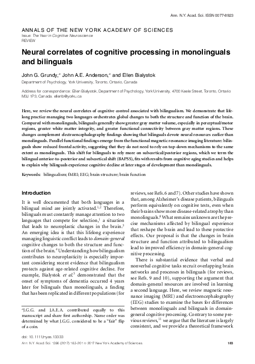 (PDF) Neural correlates of cognitive processing in monolinguals and ...