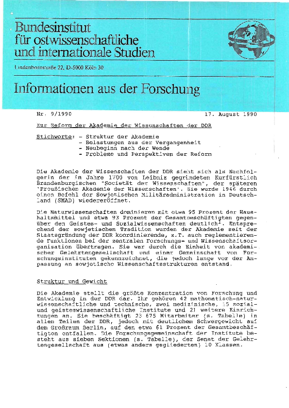 (PDF) Zur Reform der Akademie der Wissenschaften der DDR. (Reforms of
