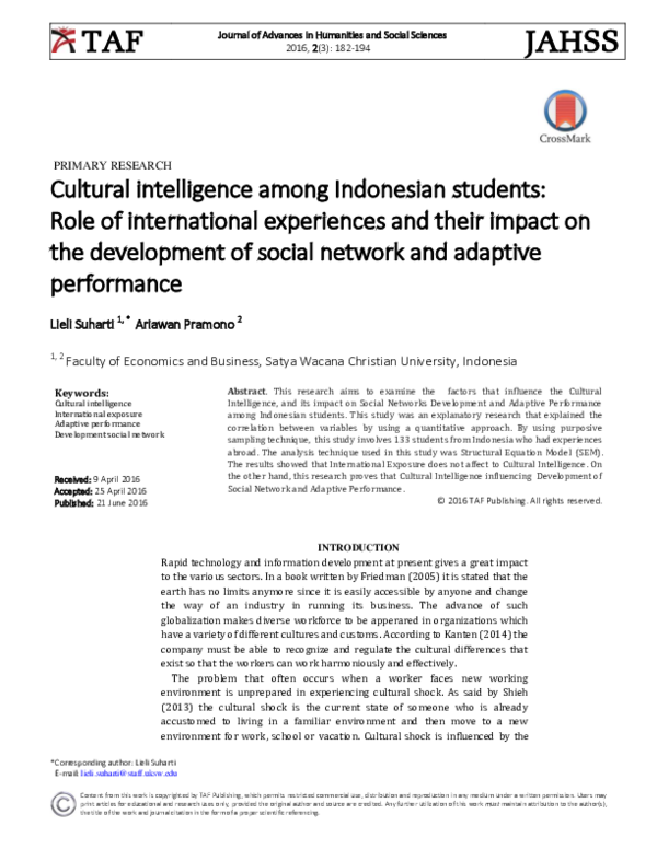 (PDF) Cultural intelligence among Indonesian students: Role of ...