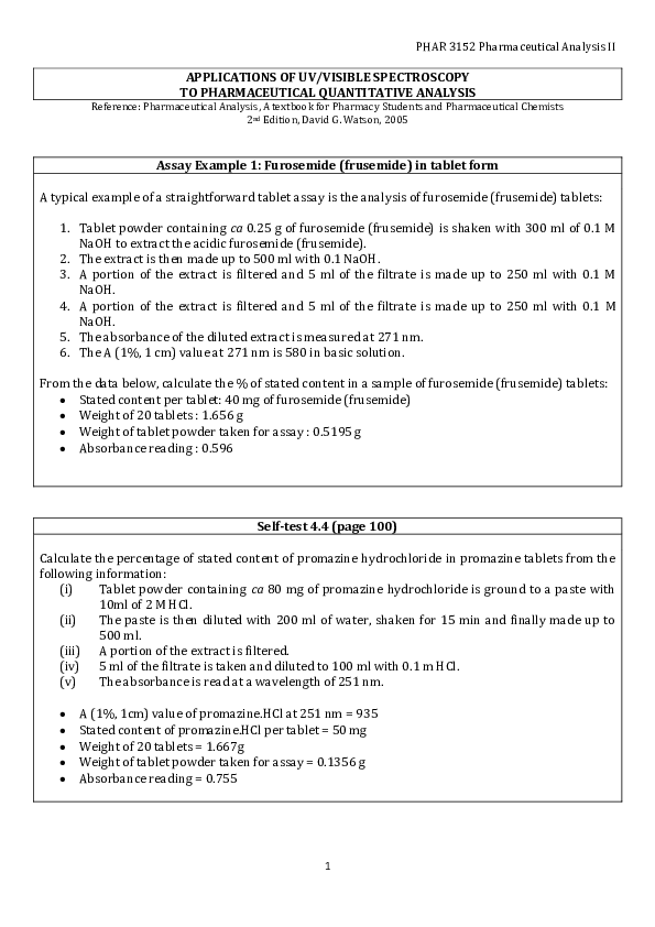 (PDF) APPLICATIONS OF UV/VISIBLE SPECTROSCOPY TO PHARMACEUTICAL QUANTITATIVE ANALYSIS Assay