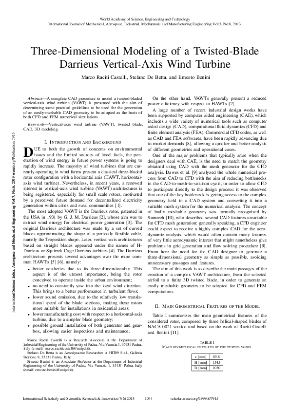 (PDF) Three-Dimensional Modeling of a Twisted-Blade Darrieus Vertical ...