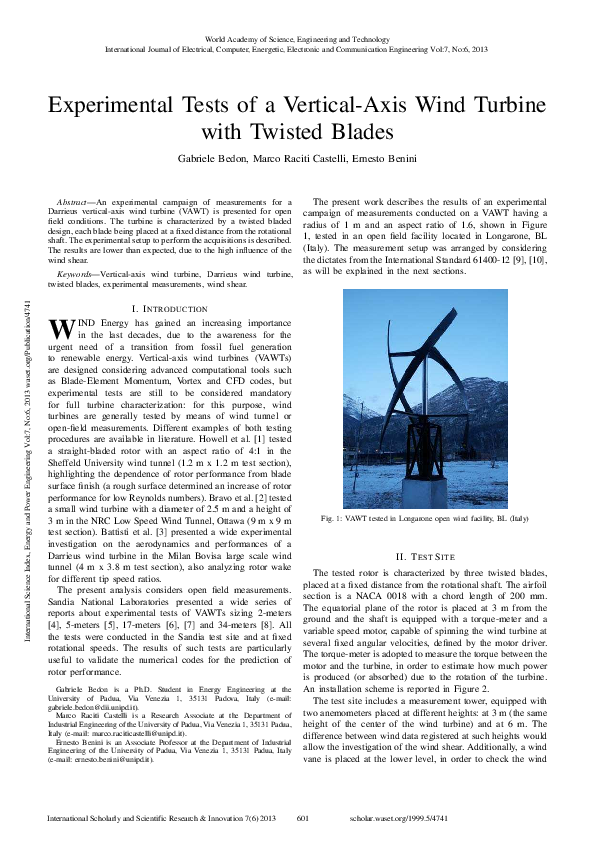 (PDF) Experimental Tests of a Vertical-Axis Wind Turbine with Twisted ...