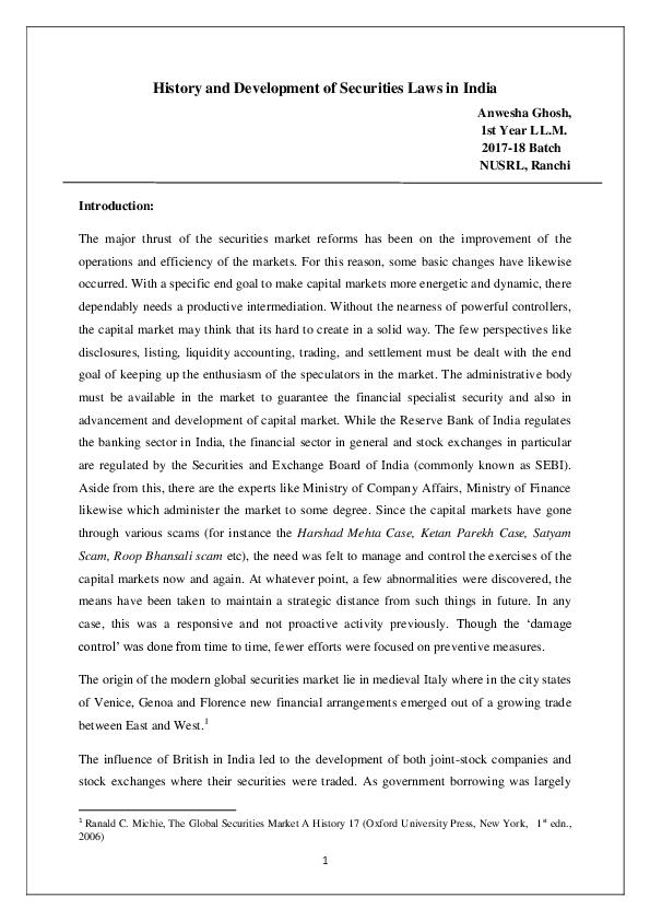 (DOC) History and Development of Securities Laws in India Anwesha
