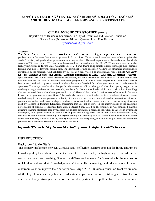 (DOC) EFFECTIVE TEACHING STRATEGIES OF BUSINESS EDUCATION TEACHERS AND ...