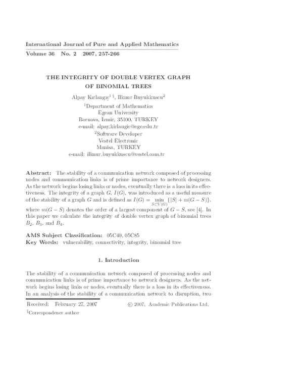 (PDF) THE INTEGRITY OF DOUBLE VERTEX GRAPH OF BINOMIAL TREES