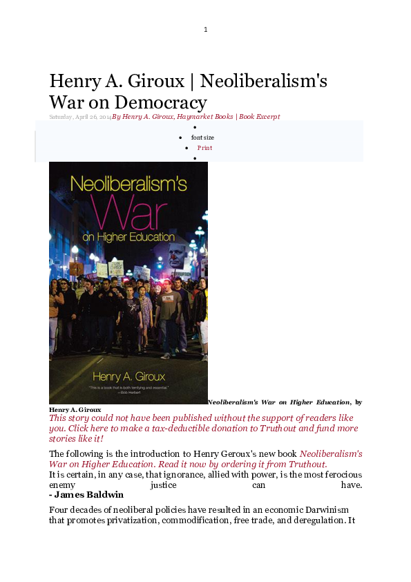 (DOC) Giroux, H.A. (2014) Neoliberalism's War on Democracy (29 pp