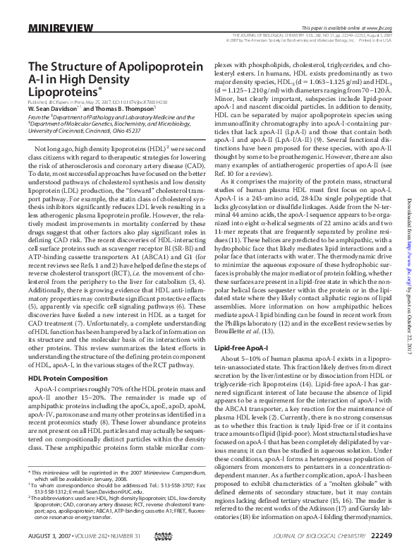 (PDF) The Structure of Apolipoprotein A-I in High Density Lipoproteins