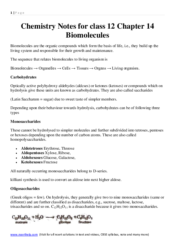 (PDF) Chemistry Notes for class 12 Chapter 14 Biomolecules Biomolecules