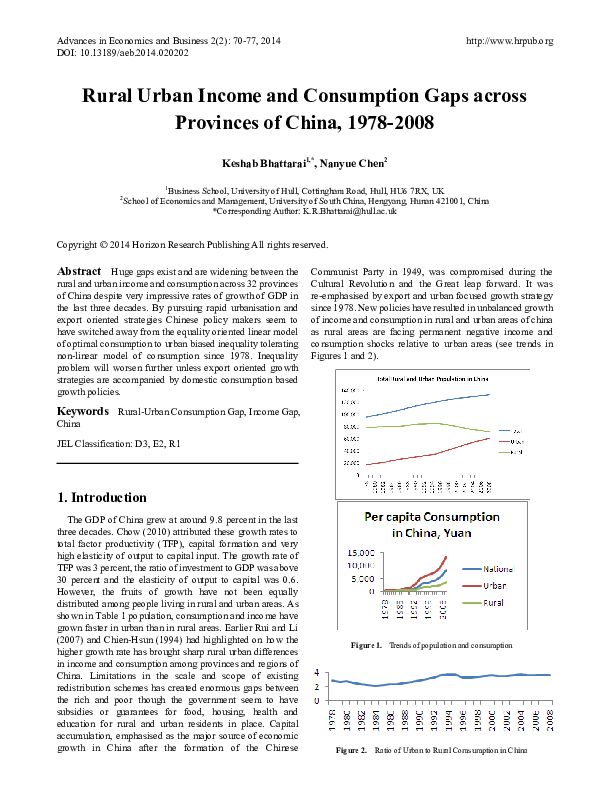 (PDF) Rural Urban Income and Consumption Gaps across Provinces of China ...