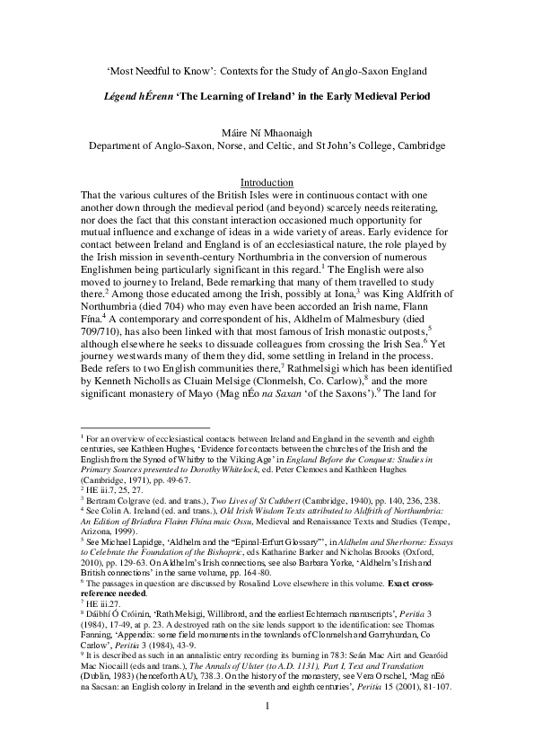 'Légend hÉrenn: "The Learning of Ireland" in the Early Medieval Period', in "Books Most Needful to Know": Contexts for the Study of Anglo-Saxon England, ed. Paul E. Szarmach, Old English Newsletter Subsidia XXXVI (Kalamazoo, 2016), pp. 85-149 TYPESCRIPT