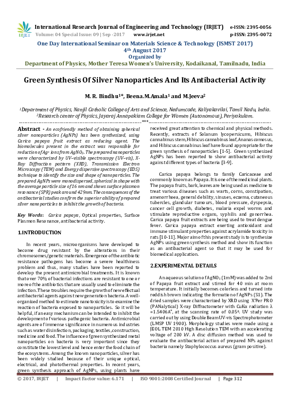 (PDF) Green Synthesis Of Silver Nanoparticles And Its Antibacterial ...