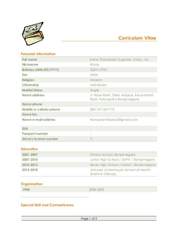 (DOC) Curriculum Vitae Personal Information Education Special Skill and