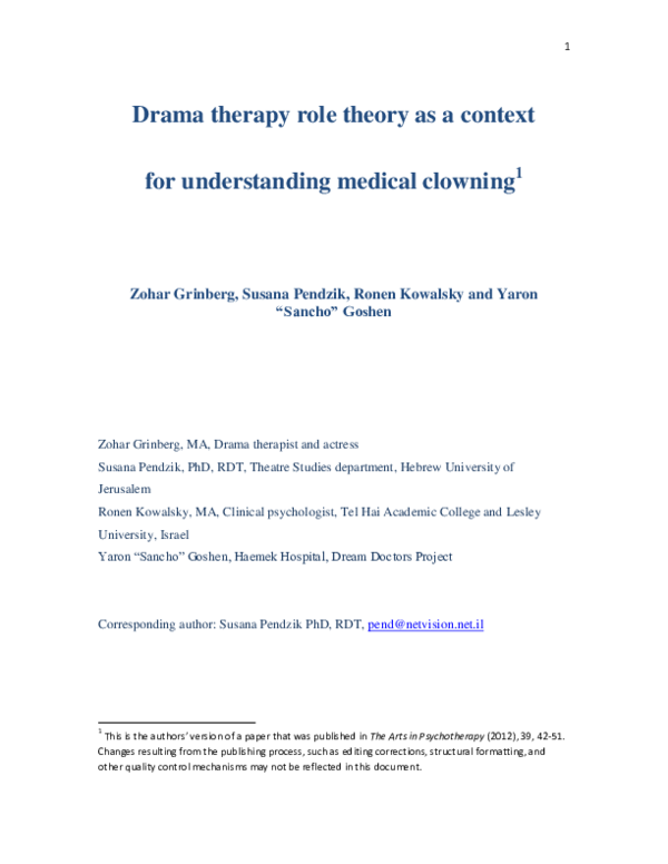 (PDF) Drama therapy role theory as a context for understanding medical clowning Susana Pendzik