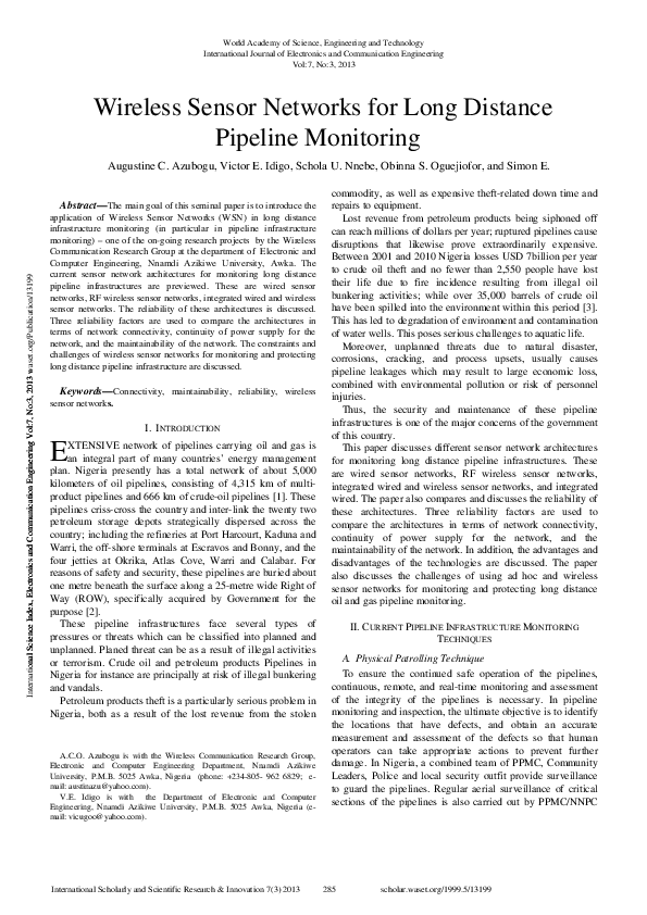 (PDF) Wireless Sensor Networks for Long Distance Pipeline Monitoring