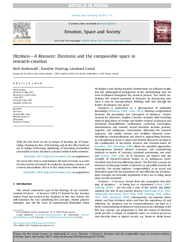 Dizziness-A Resource: Dizziness and the compossible space in research ...