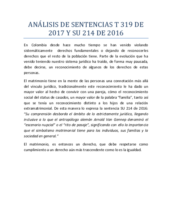 (DOC) ANÁLISIS DE SENTENCIAS T 319 DE 2017 Y SU 214 DE