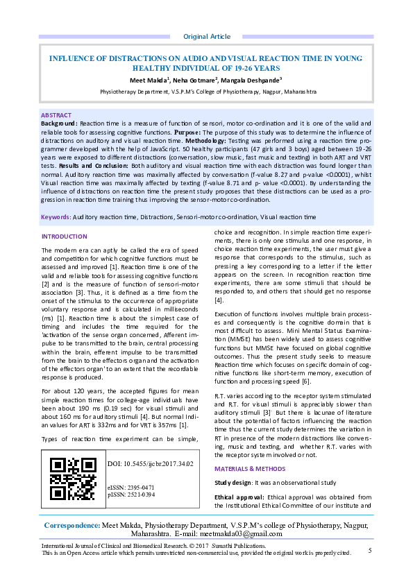 (PDF) INFLUENCE OF DISTRACTIONS ON AUDIO AND VISUAL REACTION TIME IN ...