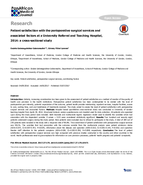 (PDF) Patient satisfaction with the perioperative surgical services and
