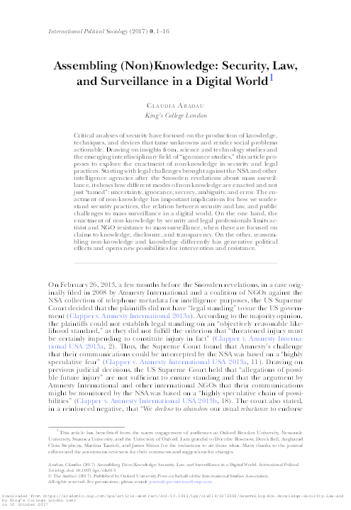 (PDF) Assembling (Non)Knowledge: Security, Law, and Surveillance in a ...