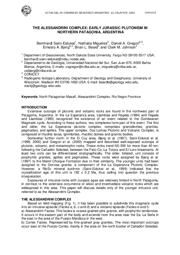 The Alessandrini Complex: Early Jurassic Plutonism in Northern Patagonia, Argentina