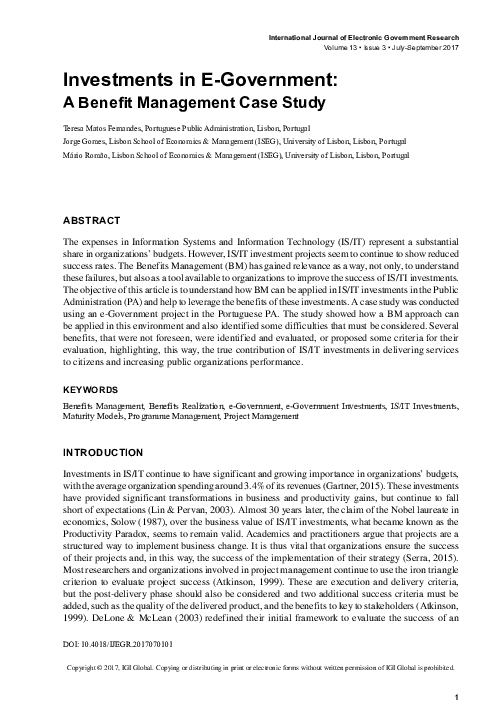 (PDF) Investments in EGovernment A Benefit Management Case Study