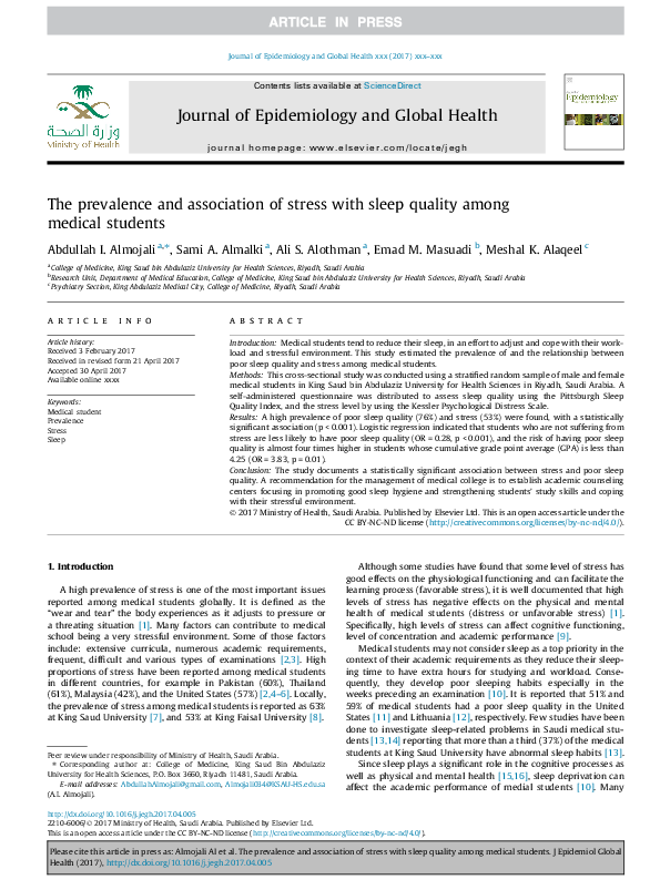 (PDF) The prevalence and association of stress with sleep quality among ...