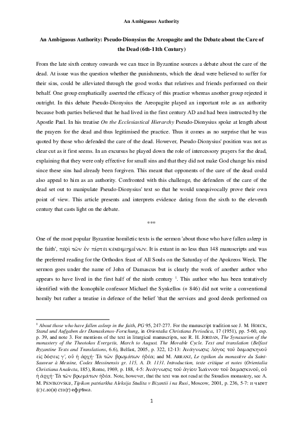 ‘An Ambiguous Authority: Pseudo-Dionysius the Areopagite and the Debate about the Care of the Dead (6th-11th Century)’, in Revista di Studi Bizantini e Neoellenici, 52 (2016), 3-19