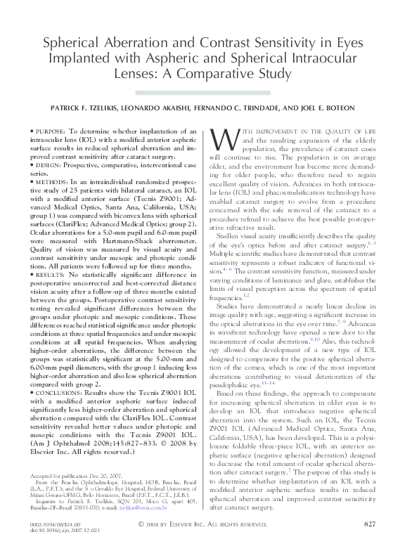 (PDF) Spherical Aberration and Contrast Sensitivity in Eyes Implanted ...