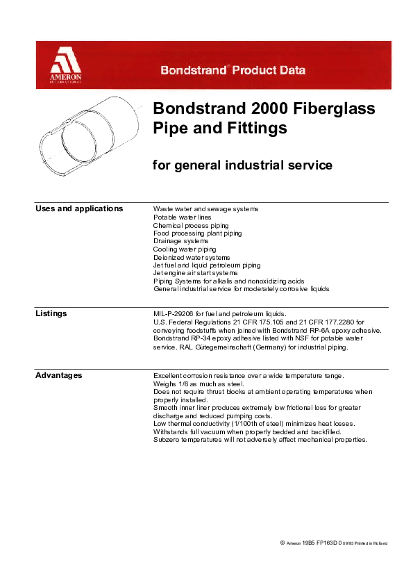 (PDF) Bondstrand 2000 Fiberglass Pipe and Fittings for general industrial service Uses and