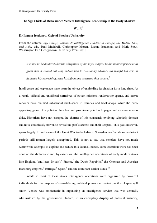 The Spy Chiefs of Renaissance Venice: Intelligence Leadership in the Early Modern World