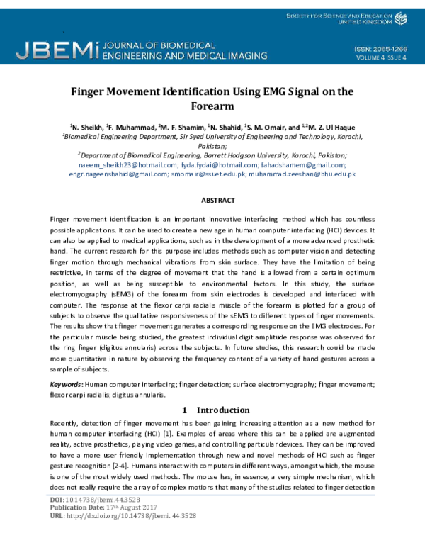 (PDF) Finger Movement Identification Using EMG Signal on the Forearm