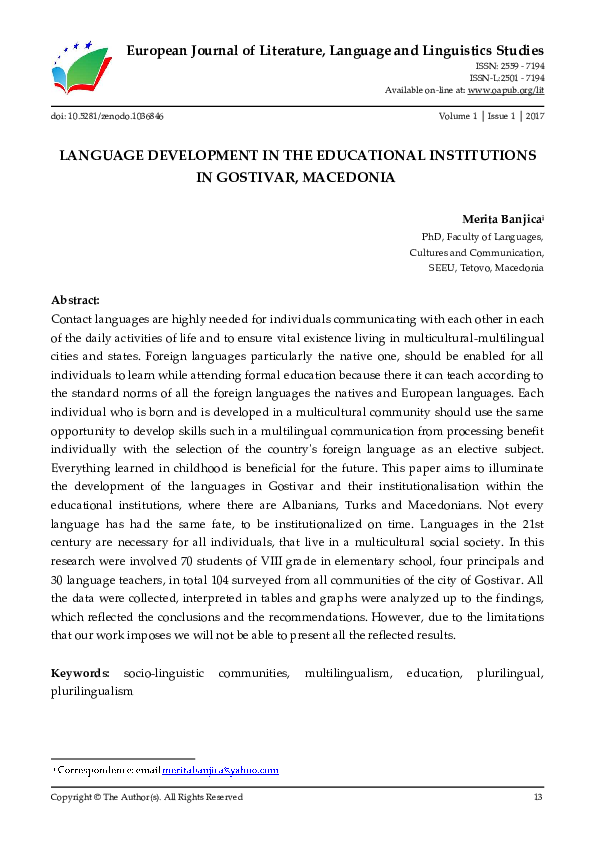 LANGUAGE DEVELOPMENT IN THE EDUCATIONAL INSTITUTIONS IN GOSTIVAR, MACEDONIA