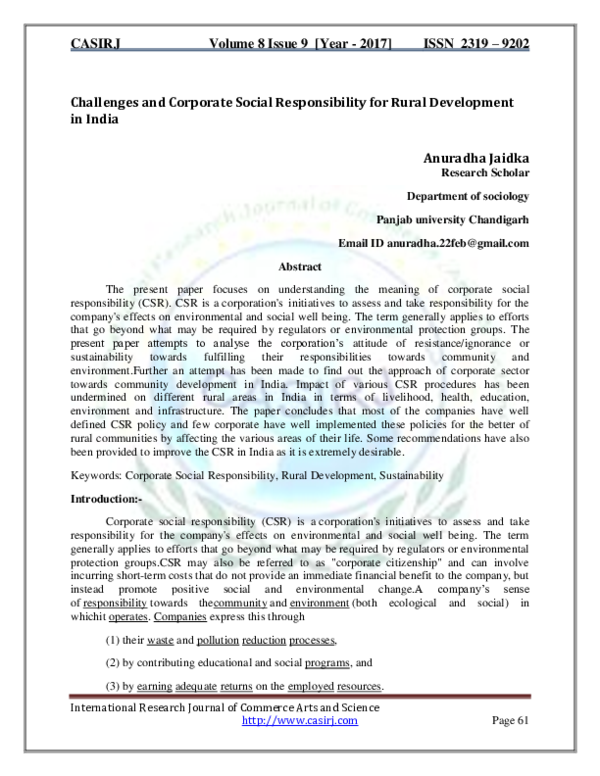 (PDF) Challenges and Corporate Social Responsibility for Rural ...