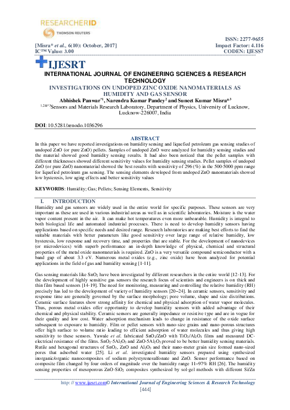 (PDF) INVESTIGATIONS ON UNDOPED ZINC OXIDE NANOMATERIALS AS HUMIDITY