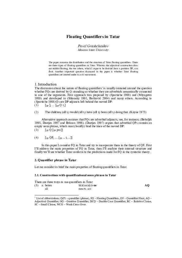 (PDF) Floating Quantifiers in Tatar