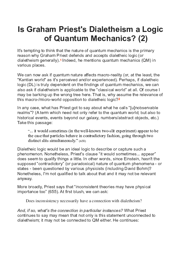 (DOC) Is Graham Priest's Dialetheism a Logic of Quantum Mechanics? (2)