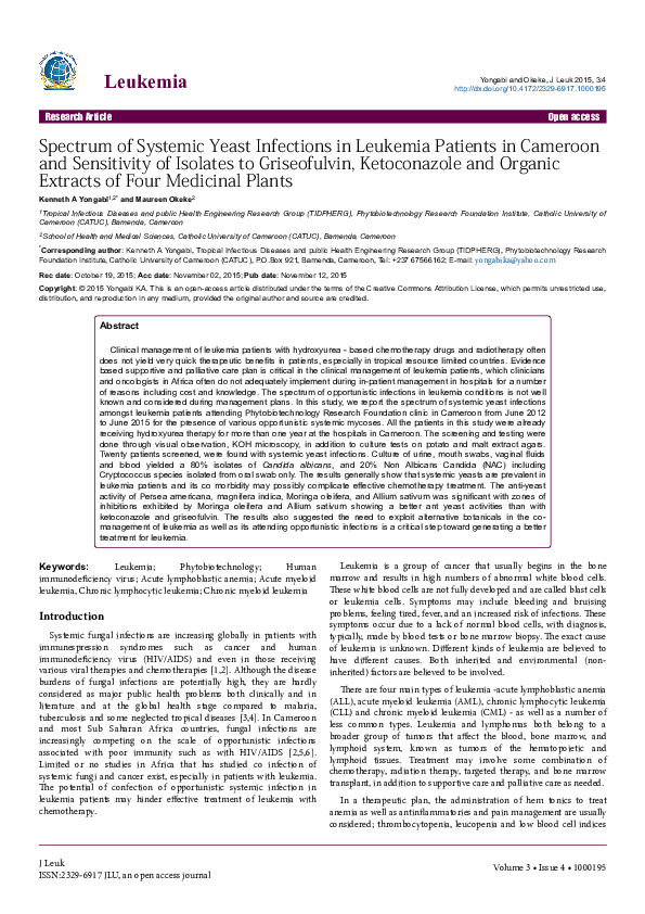 (PDF) Spectrum of Systemic Yeast Infections in Leukemia Patients in