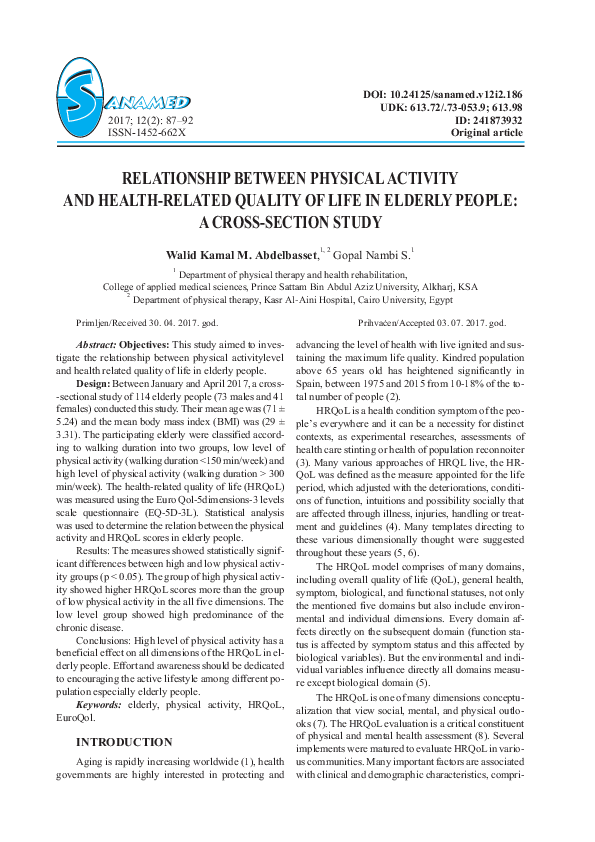 (PDF) RELATIONSHIP BETWEEN PHYSICAL ACTIVITY AND HEALTH-RELATED QUALITY ...