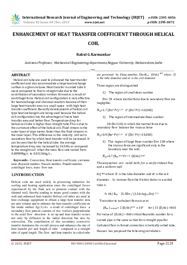 (PDF) ENHANCEMENT OF HEAT TRANSFER COEFFICIENT THROUGH HELICAL COIL