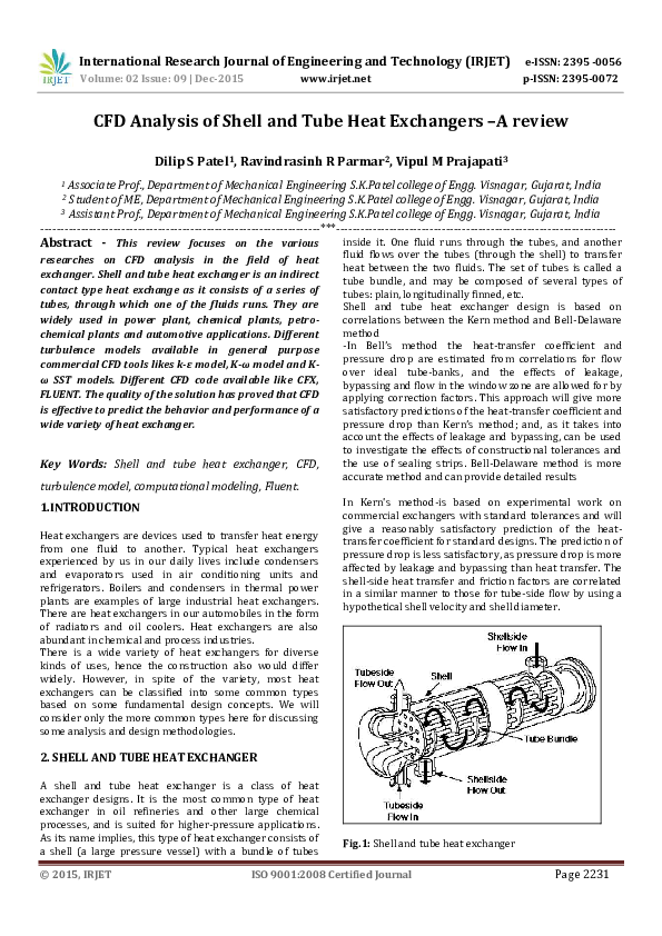 (PDF) CFD Analysis of Shell and Tube Heat Exchangers A review IRJET