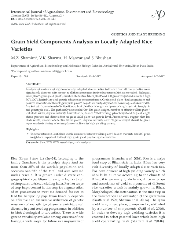 (PDF) Grain Yield Components Analysis in Locally Adapted Rice Varieties