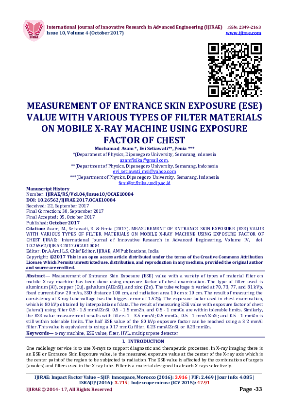 (PDF) MEASUREMENT OF ENTRANCE SKIN EXPOSURE (ESE) VALUE WITH VARIOUS ...