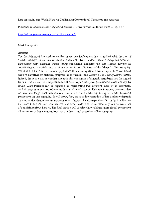 (PDF) Late Antiquity and World History abstract Mark Humphries