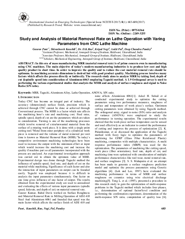 (PDF) Study and Analysis of Material Removal Rate on Lathe Operation